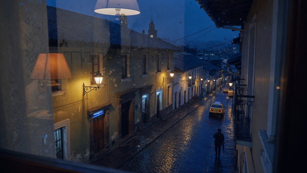Calle de Quito al anochecer, vista desde una ventana.