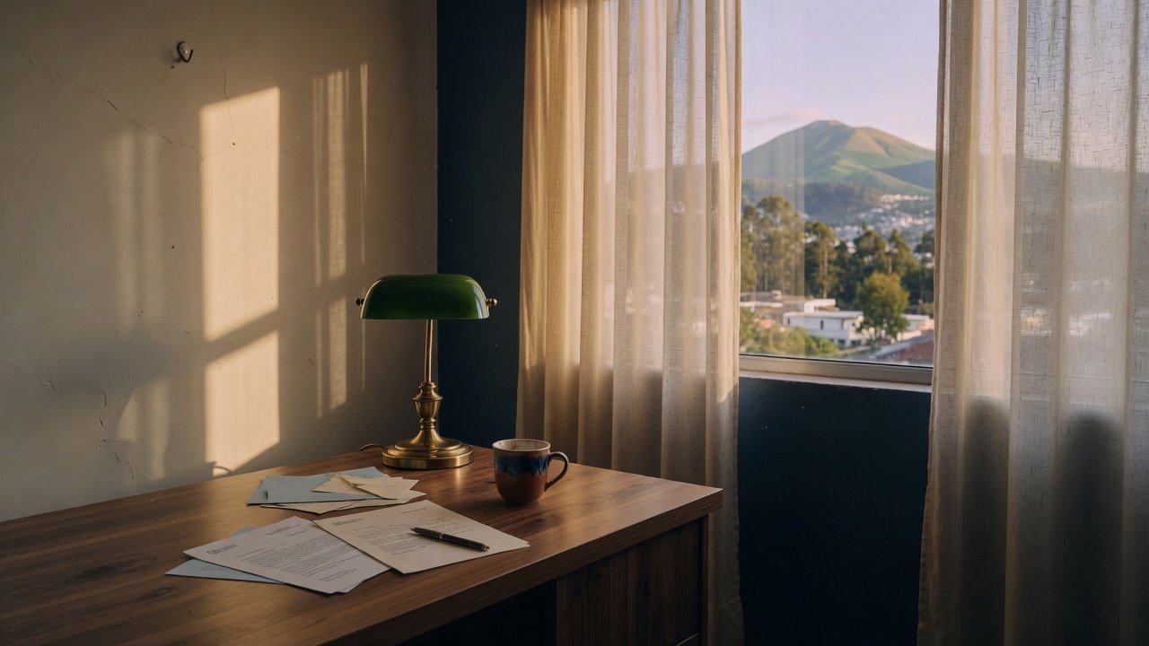 Interior sereno de un despacho en Quito, con luz de tarde sobre un escritorio vacío.